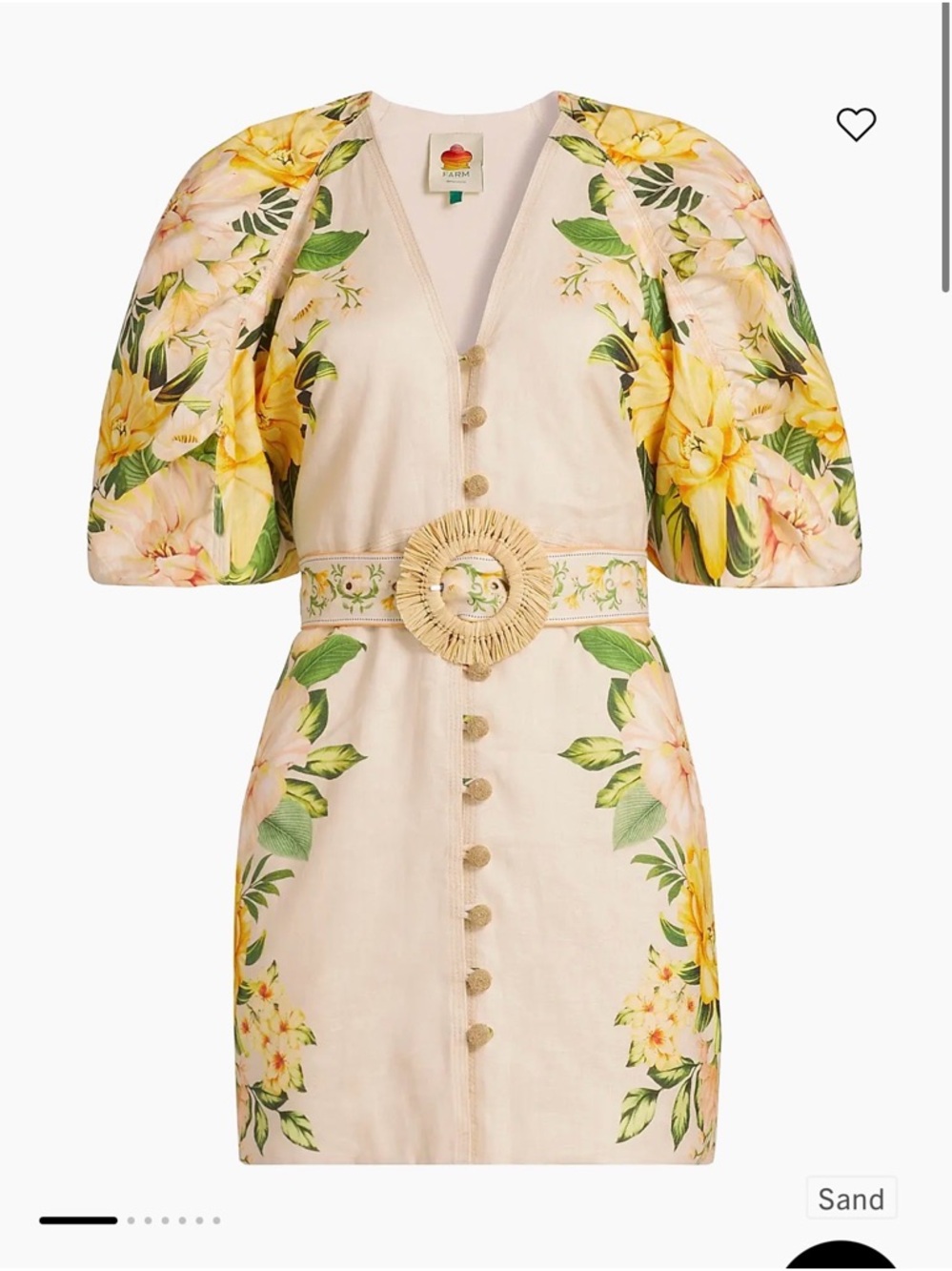 FARM Rio Cream Mini Dress with Yellow Floral Print and Puff Sleeves - Picture 2 of 5